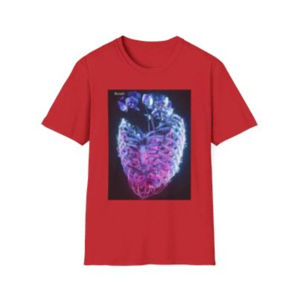Futuristic Neon X-Ray Graphic Tee with Vibrant Anatomical Design on Red Shirt